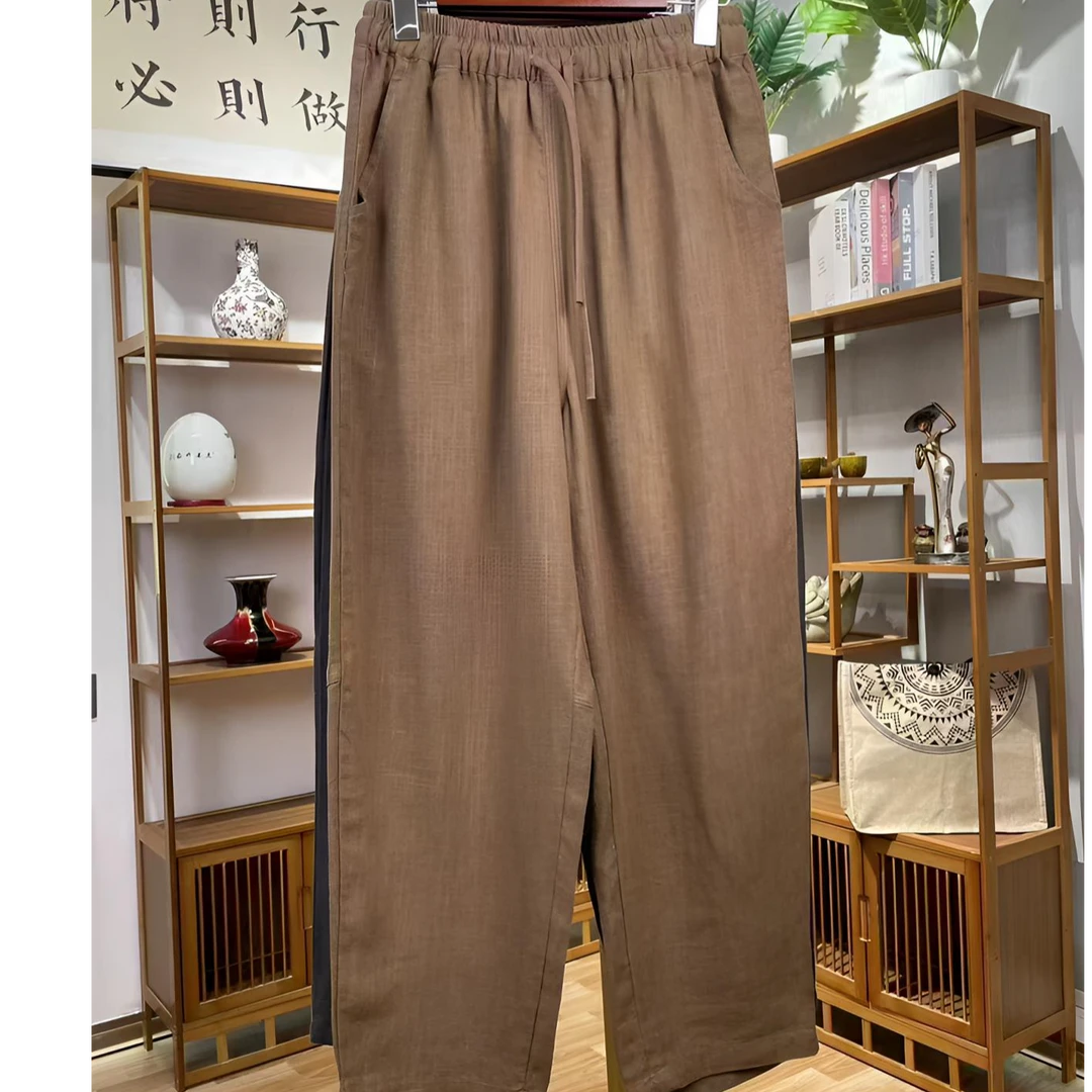[100%纯亚麻]春季裤子时尚休闲阔腿哈伦裤宽松百搭复古松紧高腰