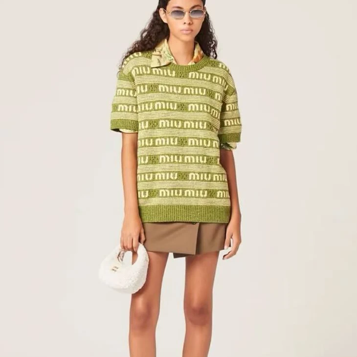 未使用 MIU MIU/缪缪 字母条纹圆领套头毛衣