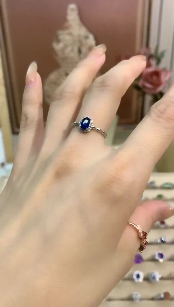 戒指蓝宝石银S925镶嵌芊荷蓝宝石戒指
