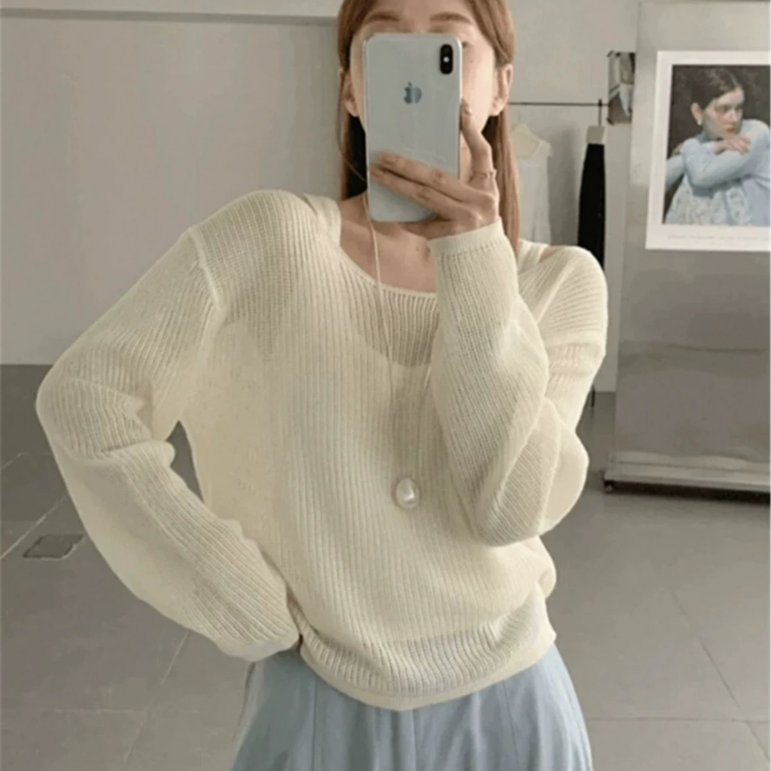 花倾慕韩版简约气质套装背心镂空针织衫套装5235