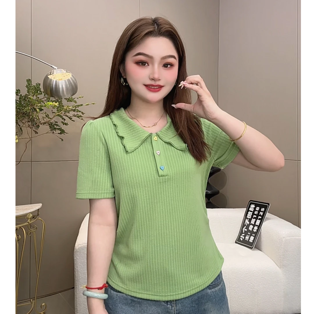 2025夏装新款胖mm花边设计简约减龄彩色纽扣polo领短袖T恤上衣