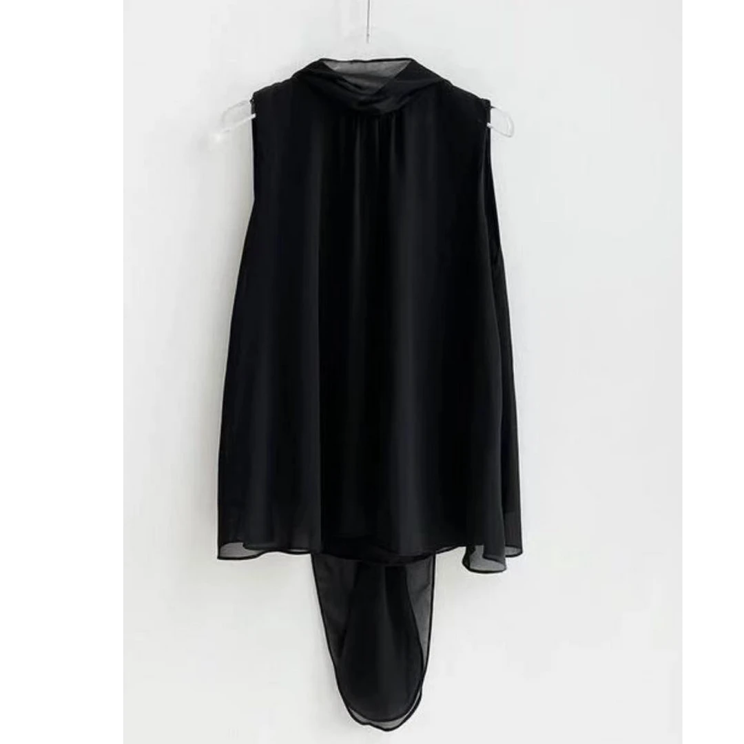 夏季【宽松遮肚子挂脖小衫】气质洋气无袖雪纺时尚围巾领飘带上衣