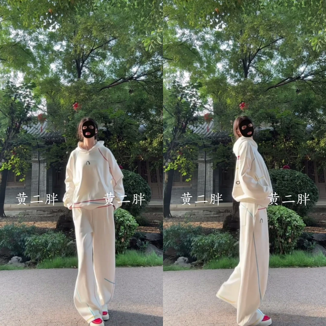 2025秋季新款巨好看的韩版减龄休闲运动风连帽卫衣阔腿裤两件套装