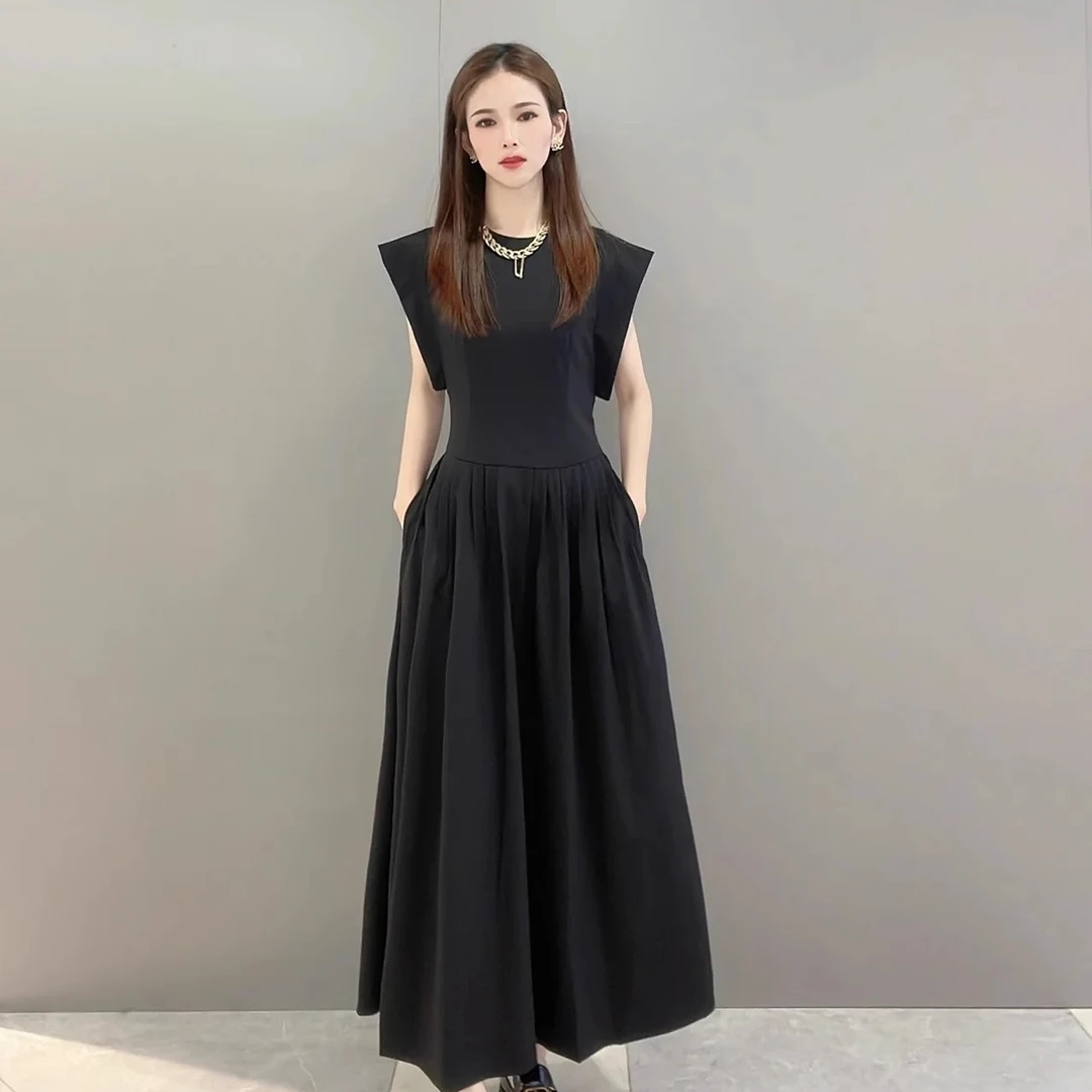 【商场同款】收腰连衣裙纯色夏季复古高腰飞飞袖小黑裙女5500423