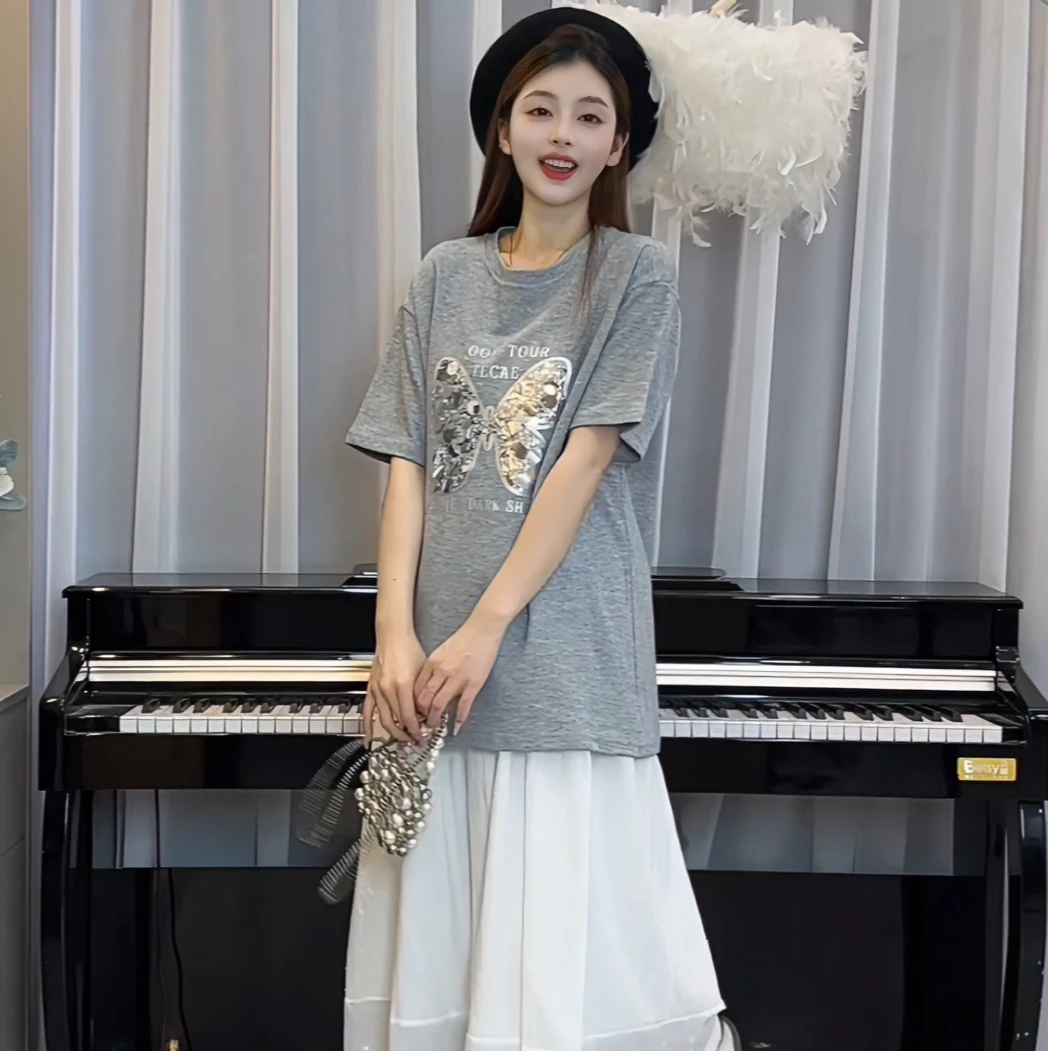 【kiki】孕妇套装2025夏季洋气亮片蝴蝶结短袖+花边半身裙两件套夏