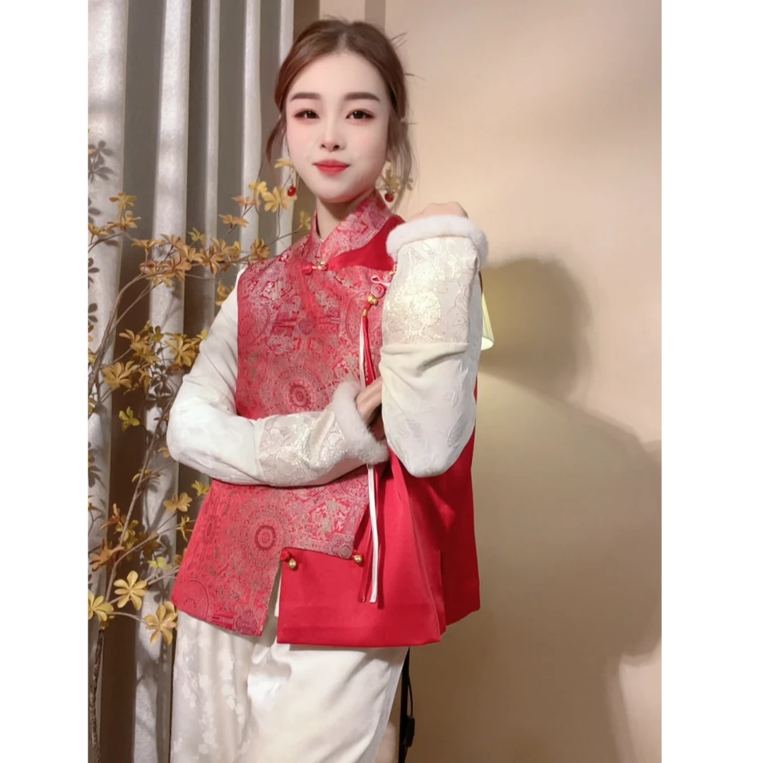 [红色八达晕]新年战袍红色高级感中式提花马甲宋锦唐装拜年服背心