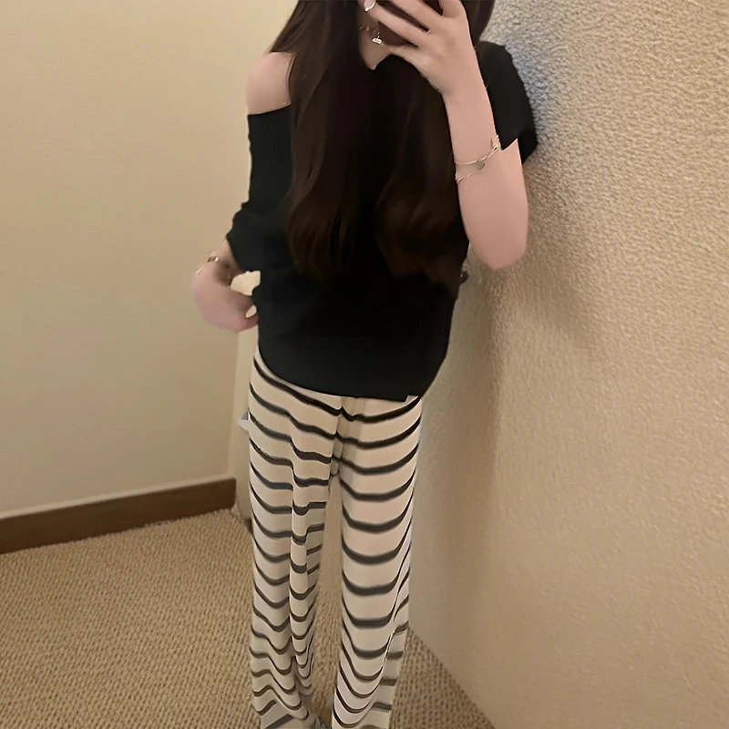 长裤常规阔腿裤条纹高腰休闲裤洋气宽松百搭夏装打底直筒薄款
