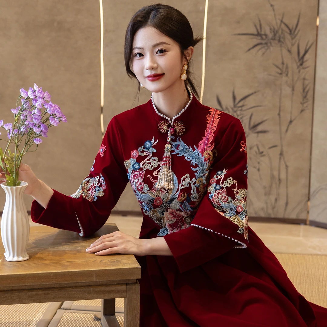 新娘敬酒服2025秋冬新款中式秀禾高端轻奢订婚结婚礼服裙女长裙红