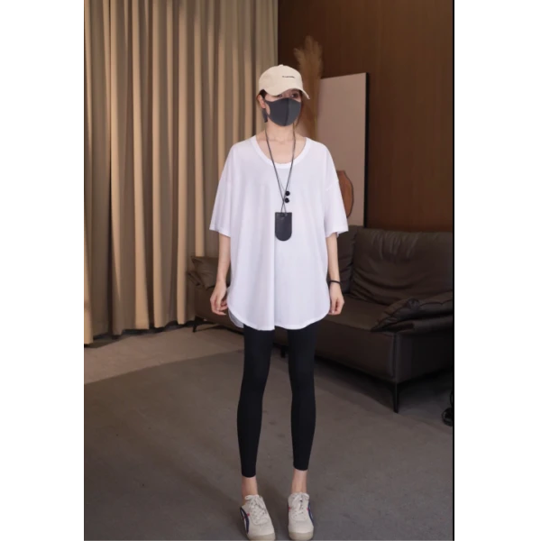硕哥短袖后背贴标下摆弧度侧开衩打底上衣内搭慵懒风 22712