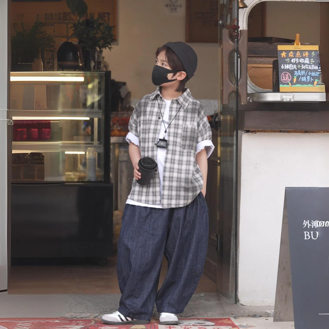 【刘刘妈】2025新亲子装喷墨格子T恤衬衫款拼接牛仔裤休闲韩版