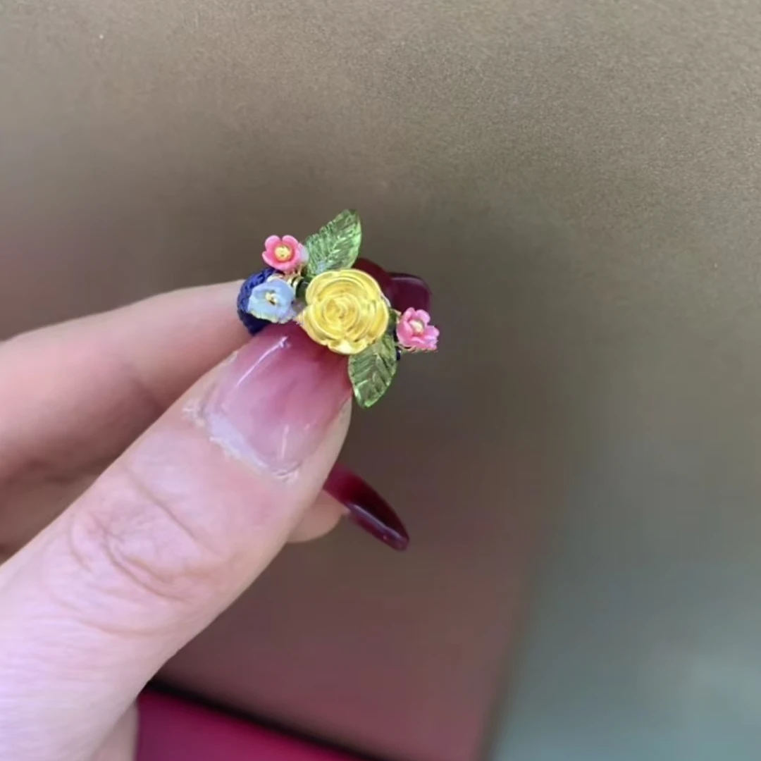 黄金玫瑰花戒指999足金福字玫瑰编织花朵转运珠戒指送女朋友礼物