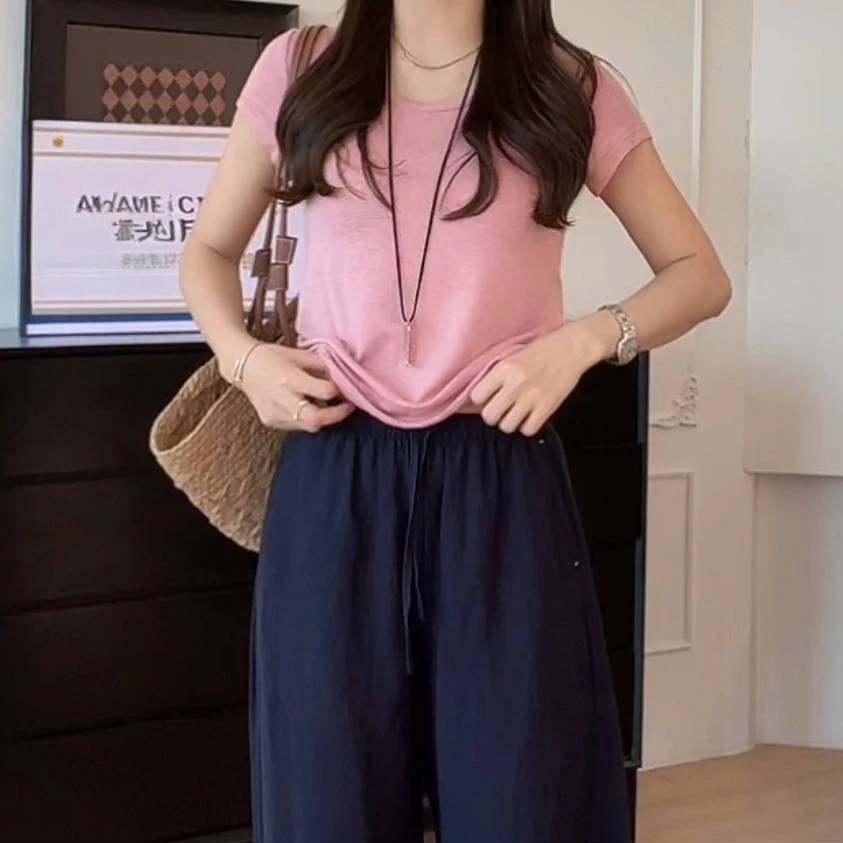 设计感休闲简约慵懒风纯色圆领短袖T恤女2025年夏季新款显瘦上衣