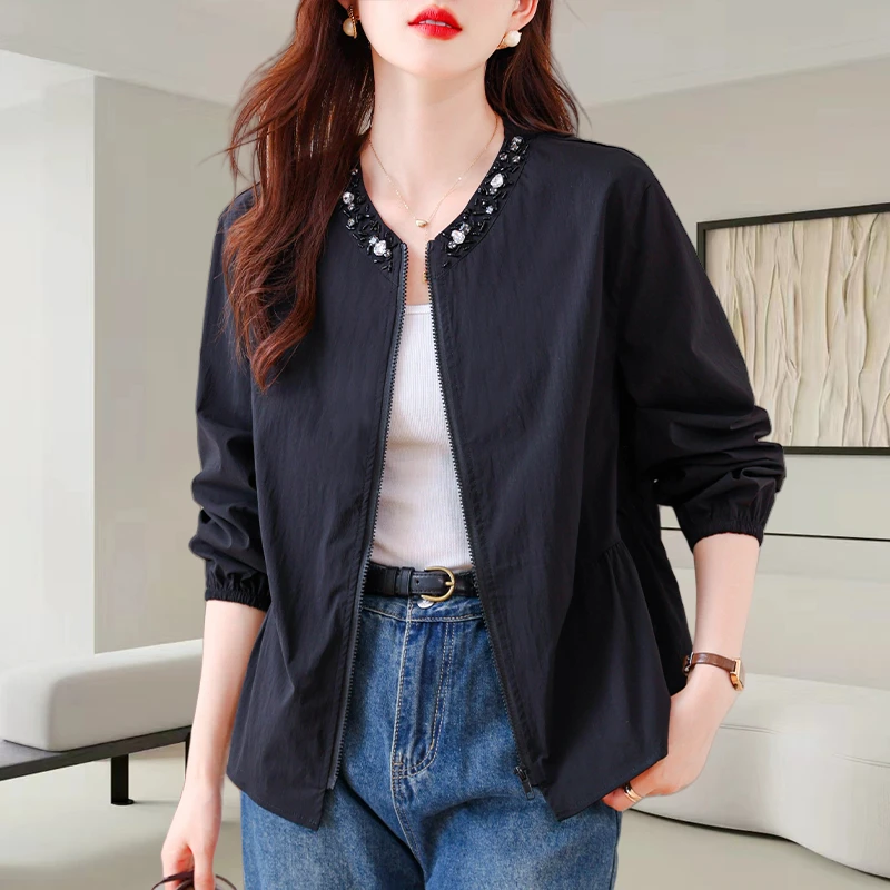 设计感重工钉珠外套女2025秋季新款时尚休闲显瘦长袖拉链开衫外套