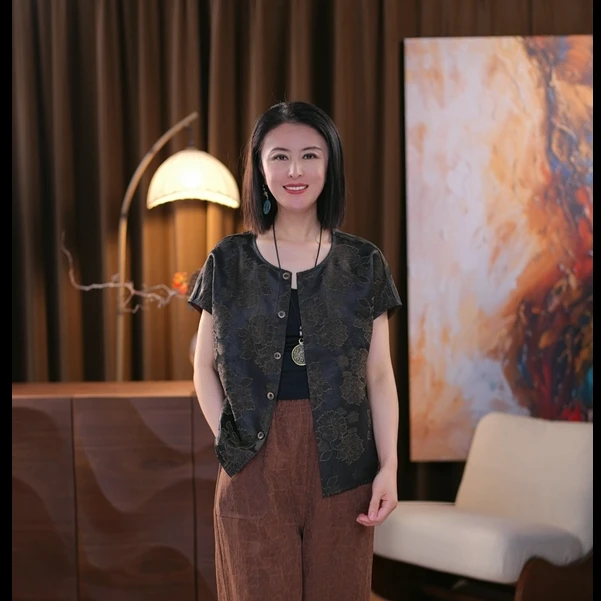 【胧月】双面双穿100%桑蚕丝香云纱龟裂纹时尚百搭复古上衣