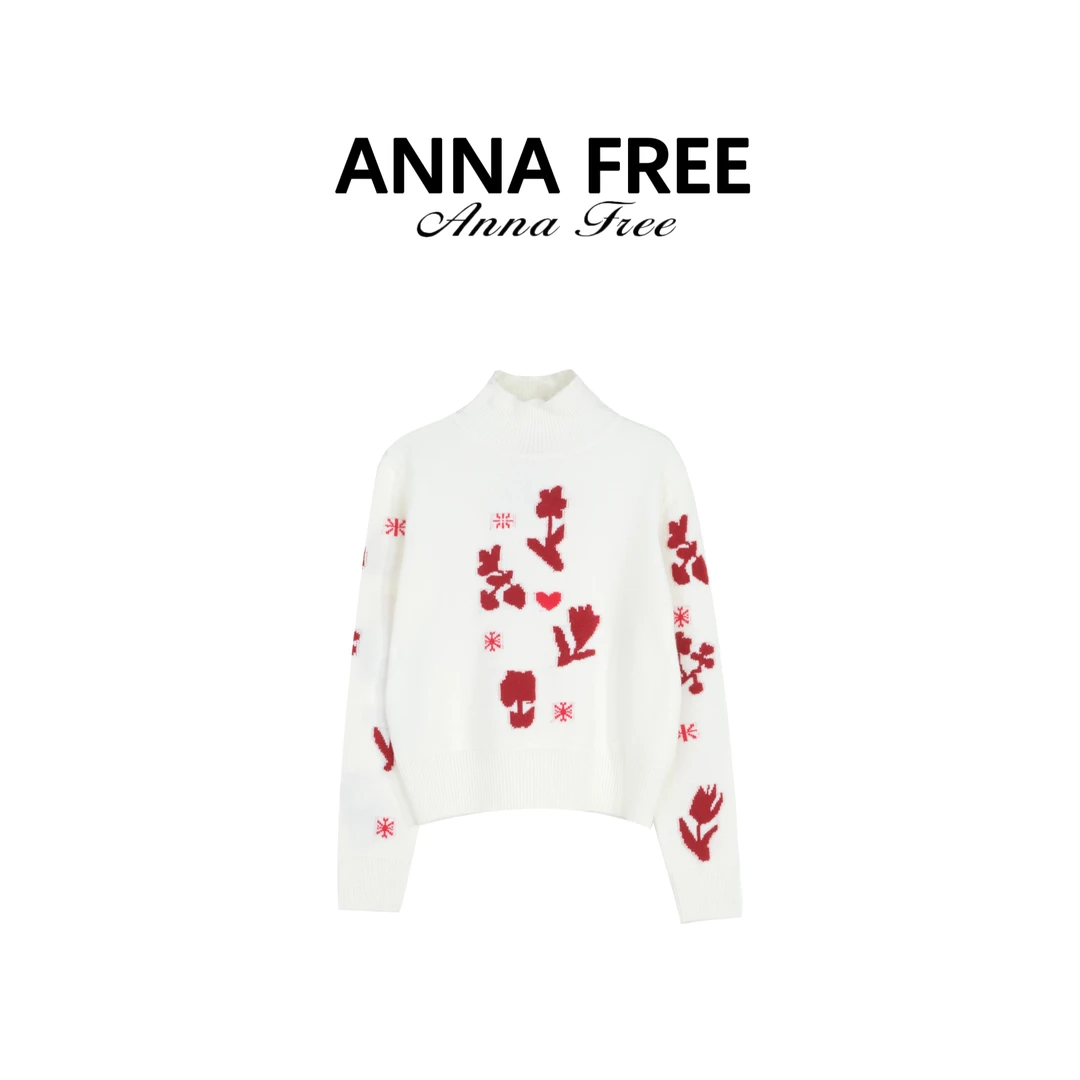 ANNA FREE【远山花道】小香风撞色提花高领白色软糯针织上衣Z8393