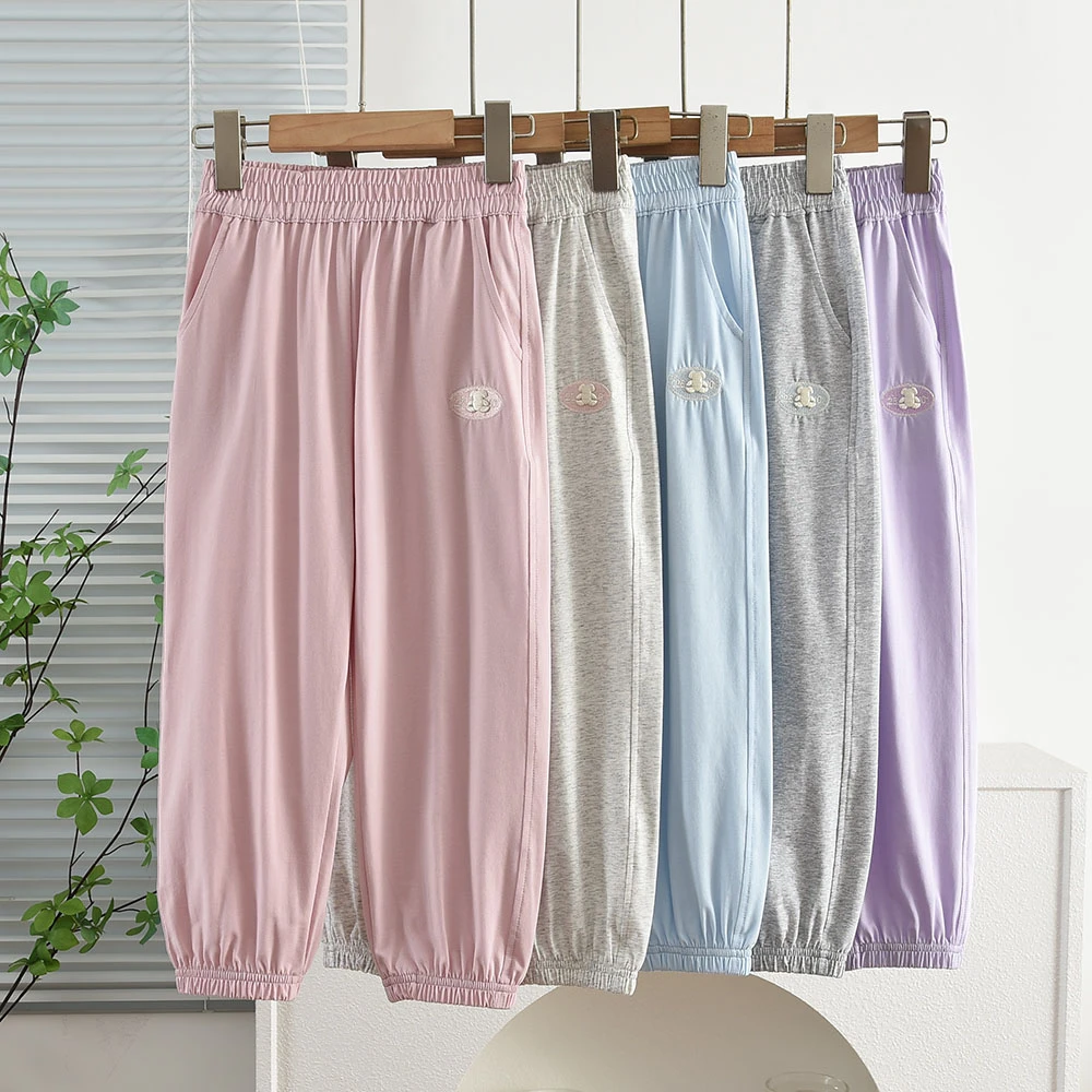 洋气童装2025夏款儿童女童棉质薄款运动裤 宝宝中大童束口防蚊裤