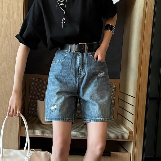 89933#欧货高腰破洞阔腿牛仔短裤女夏季新款宽松百搭休闲五分裤