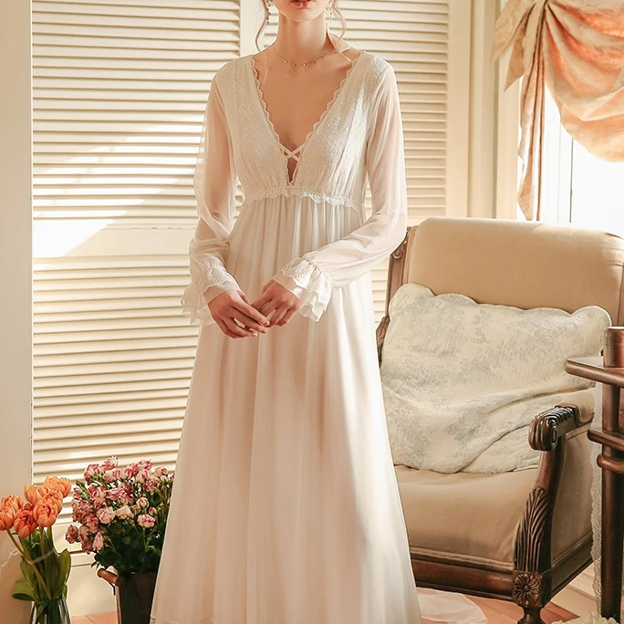 密汀巴灵宫廷风蕾丝睡衣女夏季纯欲带胸垫莫代尔白色法式性感睡裙