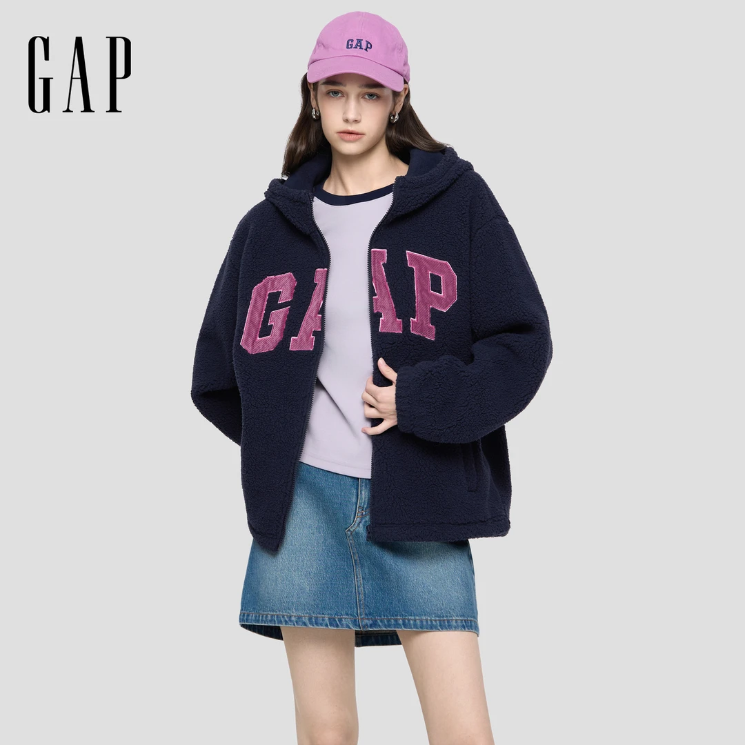 Gap男女装2025秋季新款灯芯绒贴布绣宽松连帽保暖卫衣外套792561