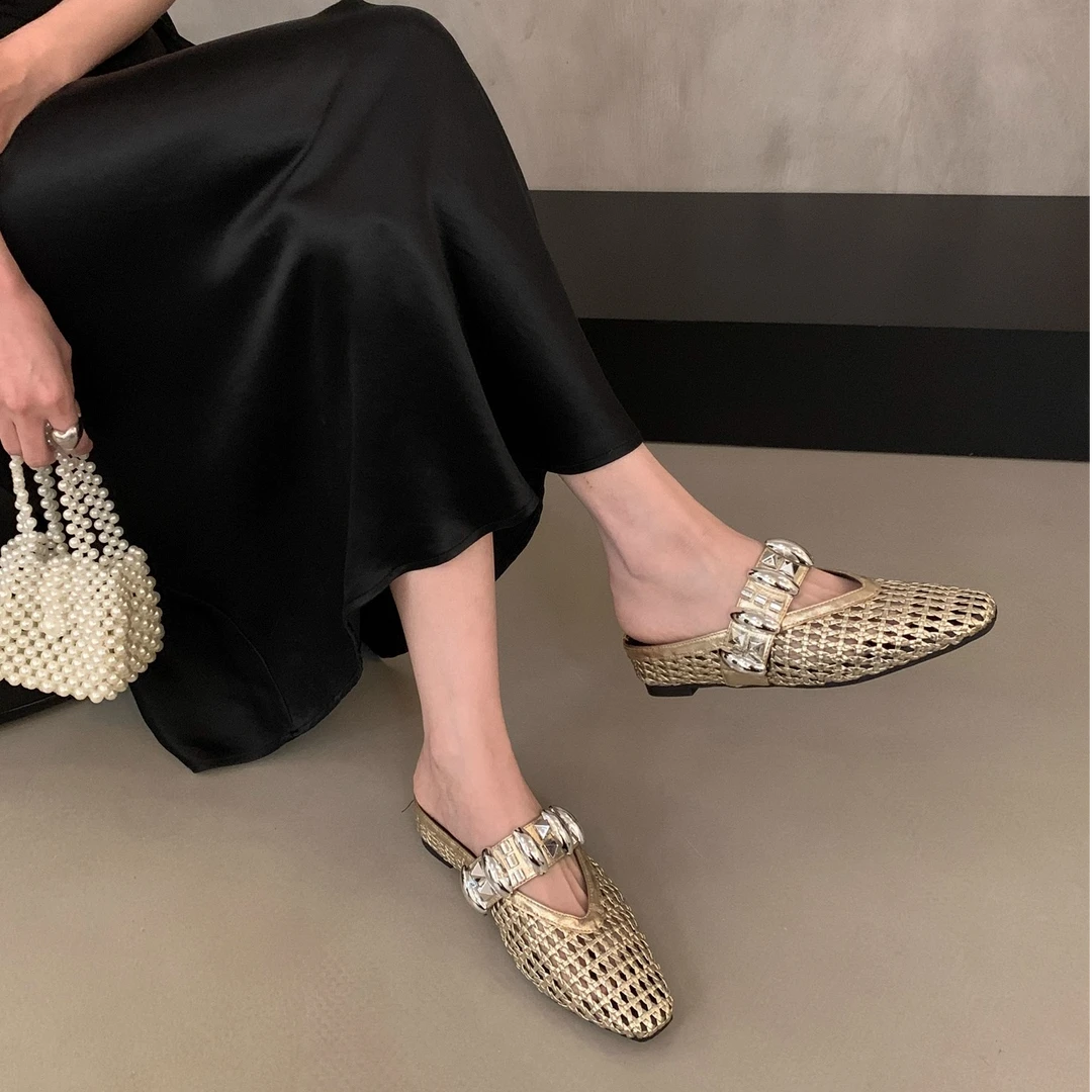 编织镂空包头半拖鞋子女外穿夏季2025新款内增高一脚蹬懒人凉拖鞋