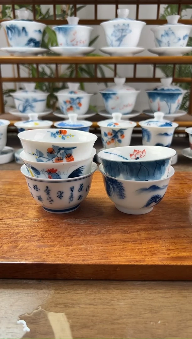 微瑕压手杯线条莲/茶诗/公鸡/柿子/千里江山各1