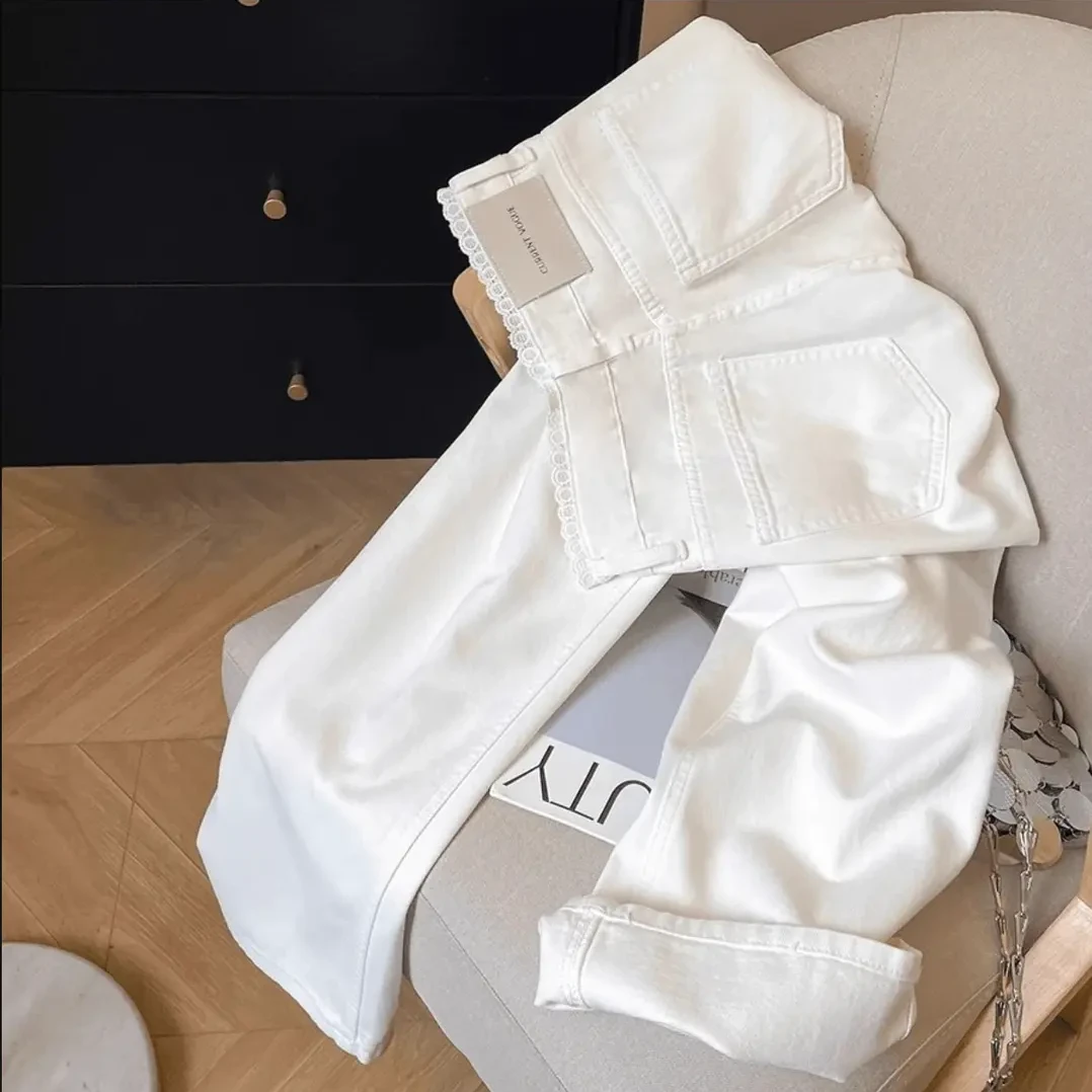 春季新款白色蕾丝边高腰牛仔裤女春夏显瘦窄版阔腿