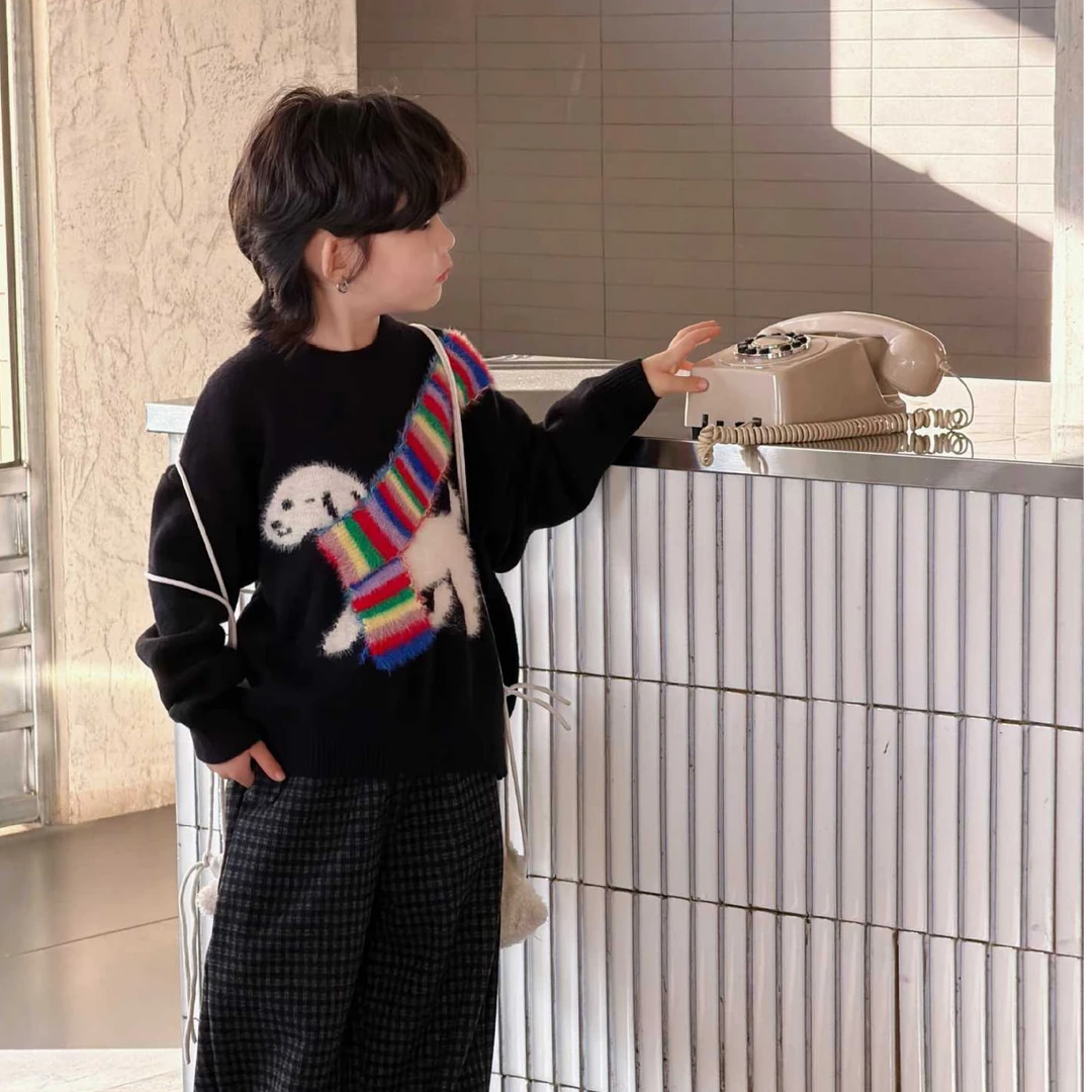 MT【冬季日韩风】男女童ins风时尚百搭复古美式彩虹围巾圆领毛衣