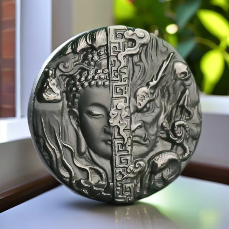 新疆和田玉踏青一细料一念之间一念佛魔玉佩精雕招财平安挂件吊坠