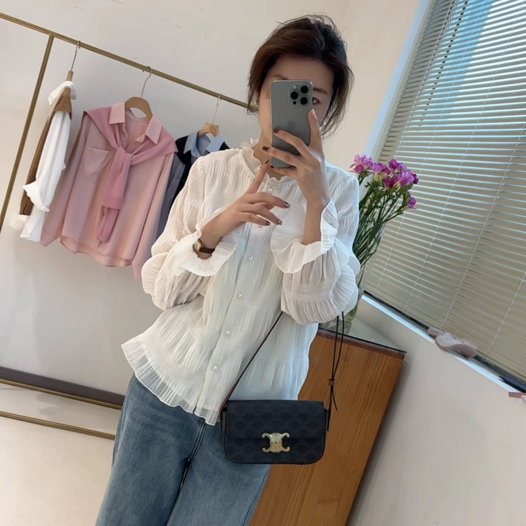 【清】纯色木耳边立领衬衫喇叭袖压褶设计甜美气质百搭上衣