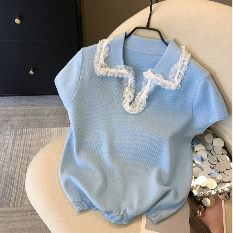 【现货】小香风蕾丝边polo领短袖针织衫女夏季独特别致正肩上衣