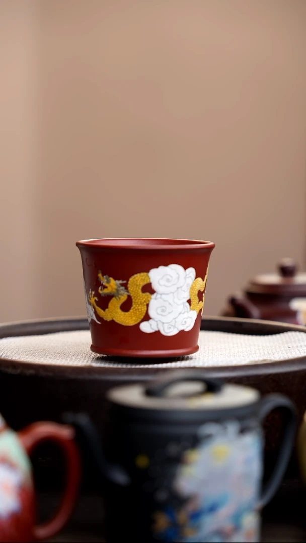 茶壶紫砂朱泥线韵杯堆龙