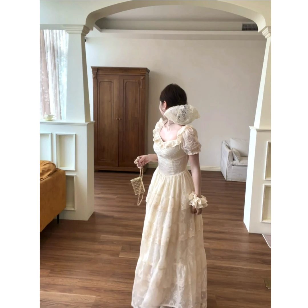 【杏脯千层】法式重工多裙摆浪漫纯欲度假风显瘦泡泡袖连衣裙