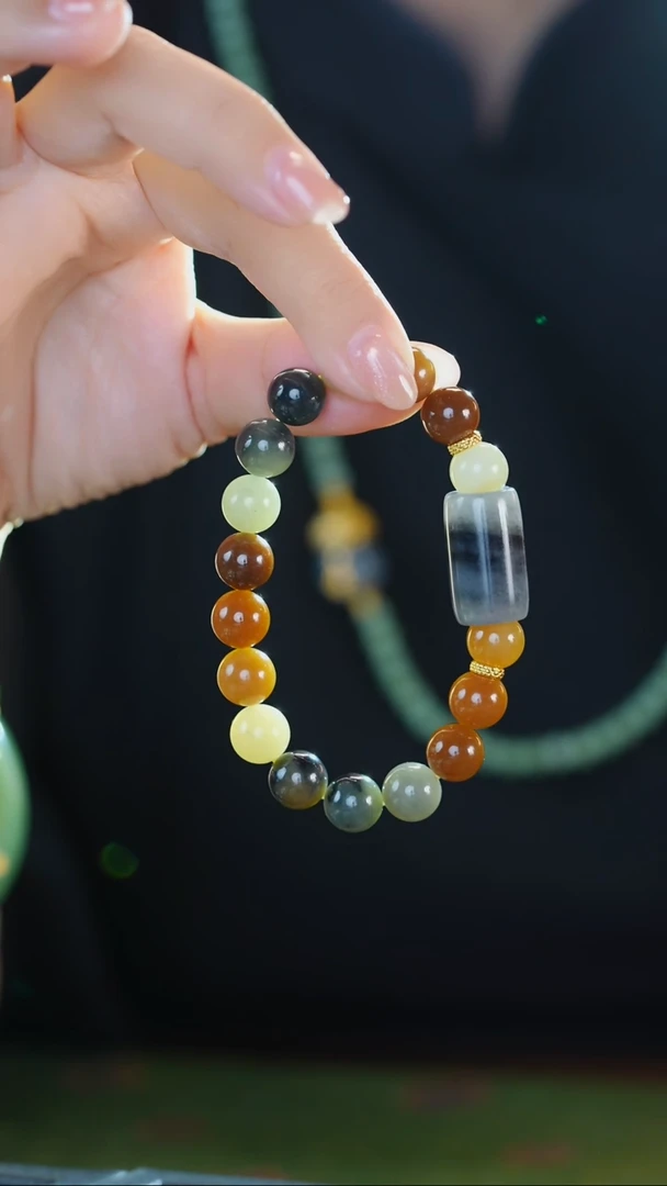 未镶嵌手链和田玉和田玉楼兰三色青花籽手串 10mm