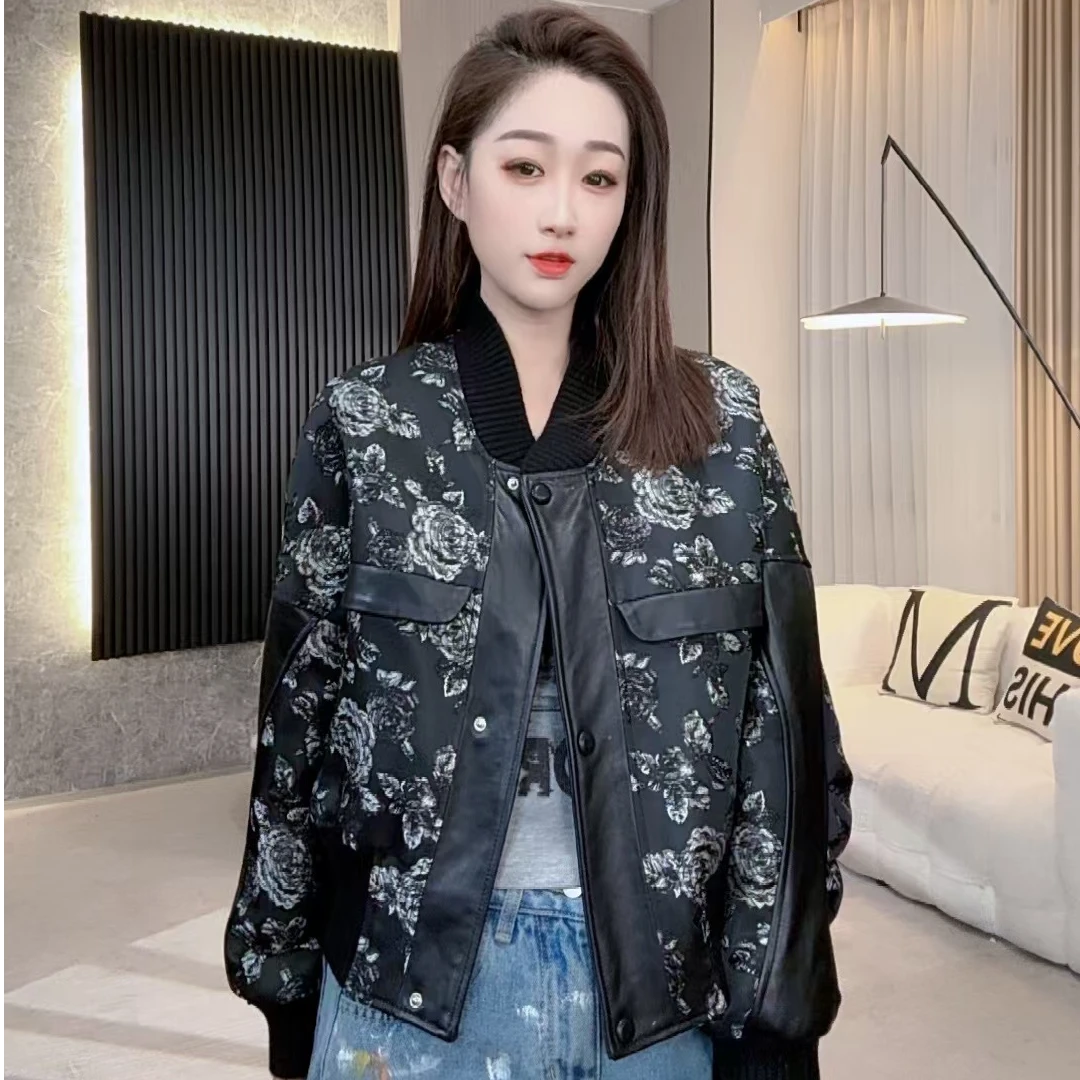 【若楠服饰】玫瑰花棒球服款百搭网红气质短款洋气皮衣外套