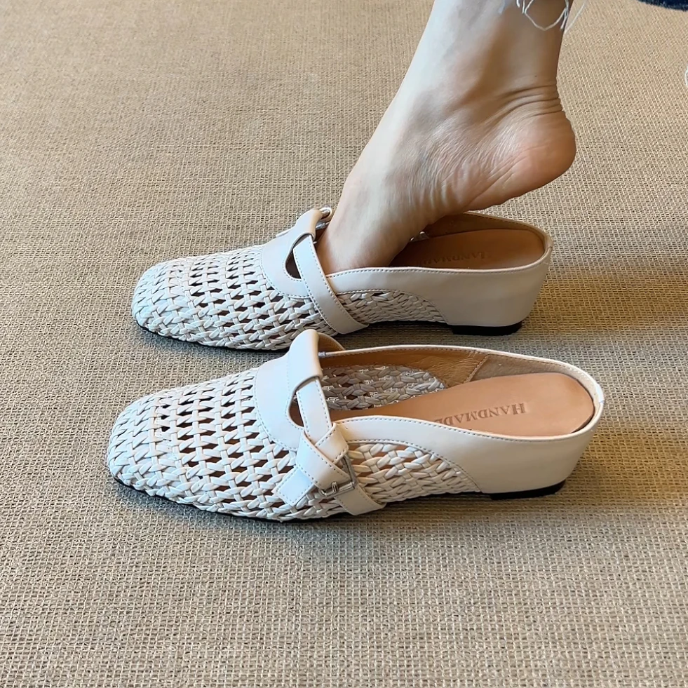 RubyL/6cm2025年夏季新款休闲百搭舒适纯色编织内增高包头拖鞋