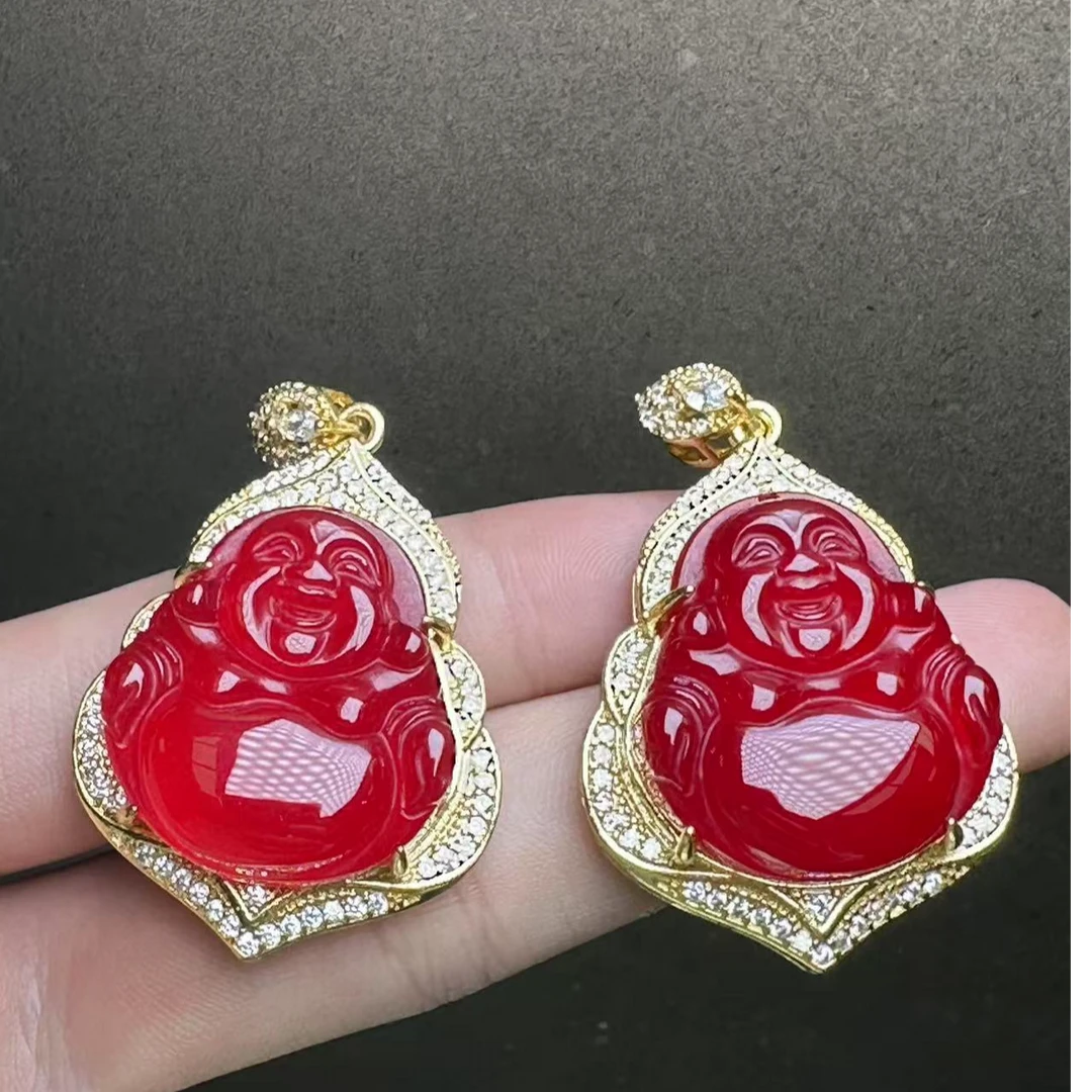 ST6393【福嘟嘟】沁血牛黄红玛瑙佛公吊坠-配麻花链-多样性只发一件