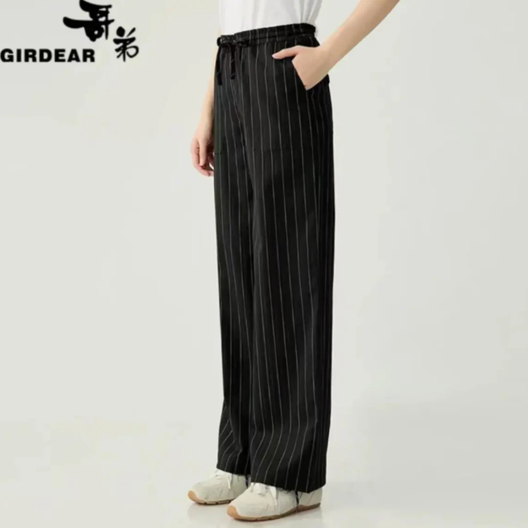 2025早春新款松紧腰绑带松弛酒脱条纹直筒裤 1100464