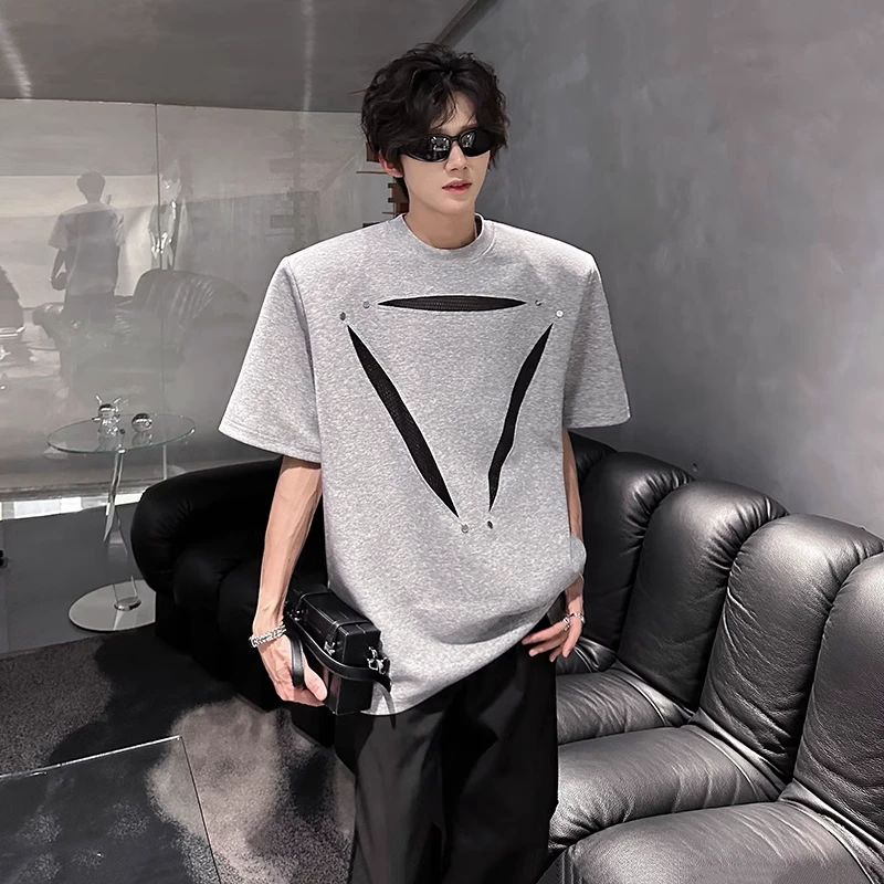 夏季高级感垫肩短袖T恤男小众撞色网纱拼接设计感韩版重磅半袖t潮