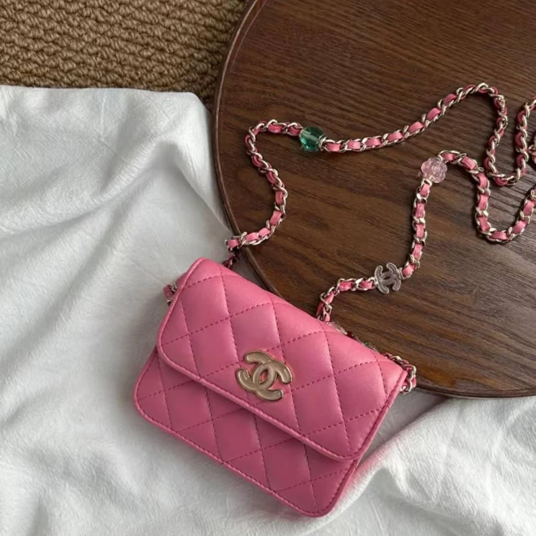 99新 Chanel/香奈儿 蔚蓝/23P 粉色珐琅串珠链条斜挎包 mini 芯片