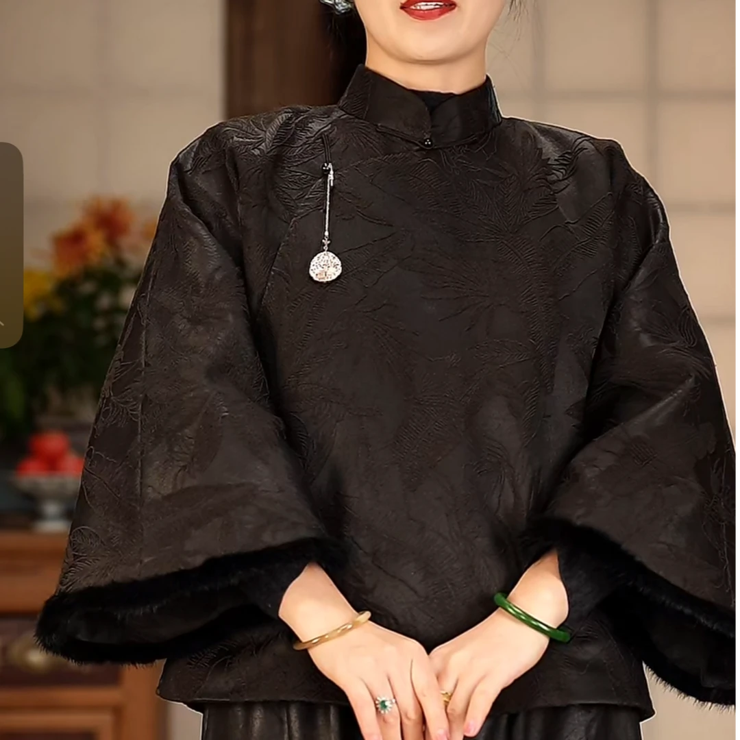 【石喃】原创设计新中式秋冬桑蚕丝斜襟大袖水貂毛棉衣【烟雨江南】