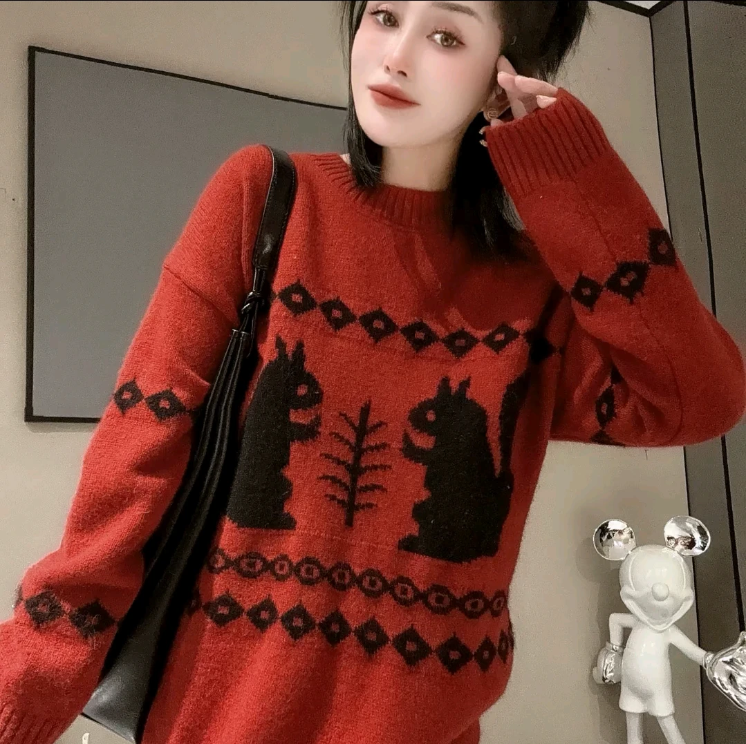 圆领长袖复古卡通提花毛衣女春秋冬新款慵懒风宽松百搭针织衫上衣