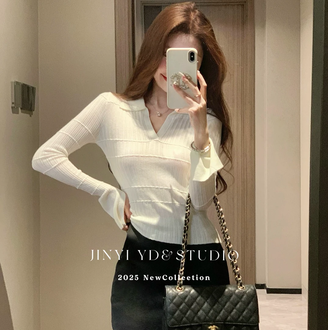 JINYI竹节肌理v领针织衫早春新女薄款修身气质polo翻领喇叭袖上衣