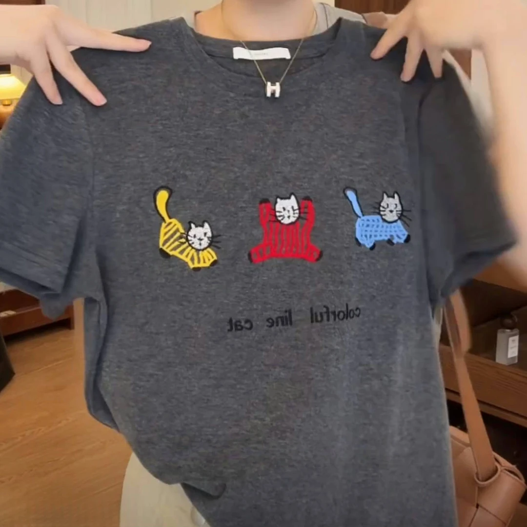 三只小猫正肩短袖T恤女2025新款夏季字母休闲百搭时尚可爱上衣
