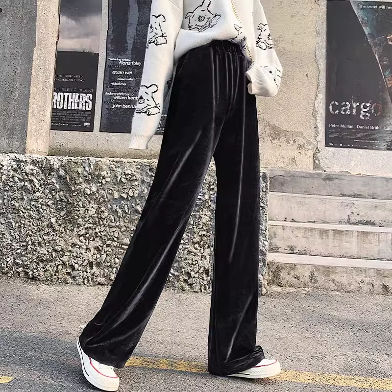 金丝绒阔腿裤女秋冬小个子高腰显瘦百搭垂感直筒宽松拖地休闲裤子