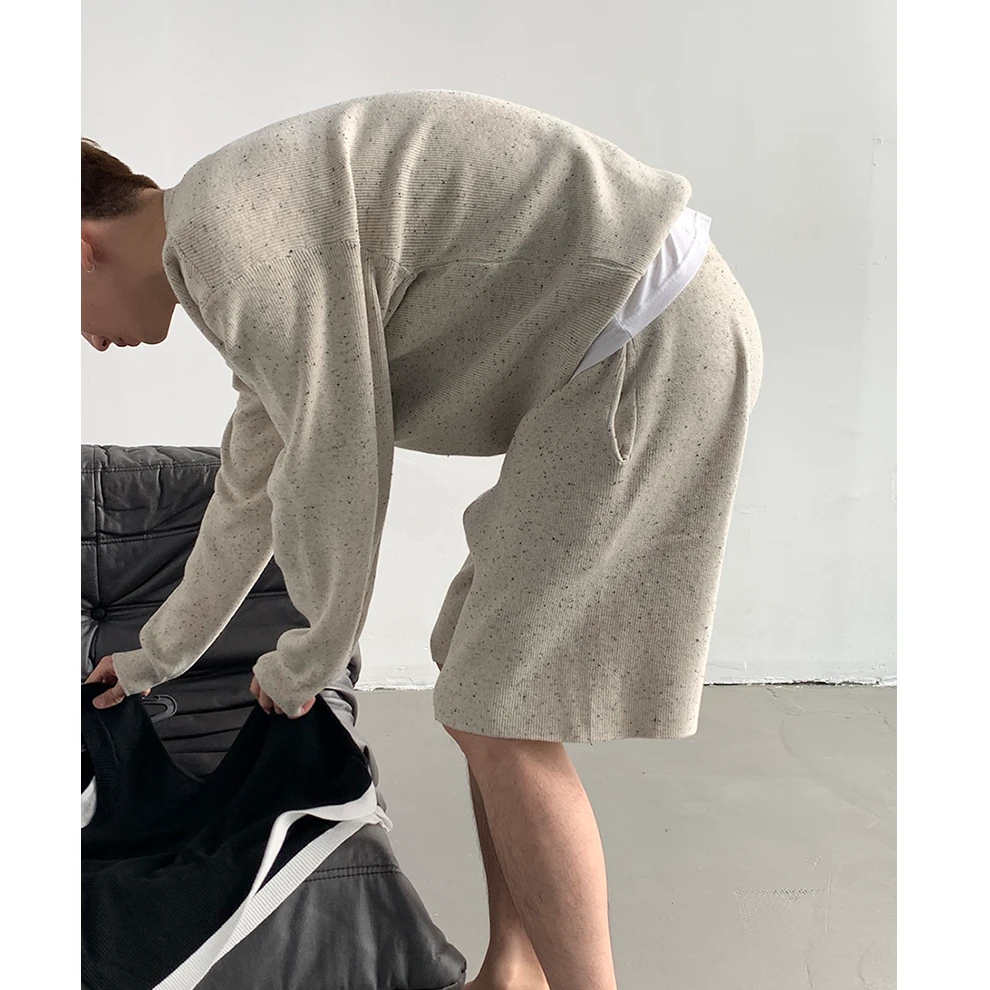 韩版简约慵懒风长袖针织套装薄款短裤五分裤设计感花灰色上衣男女