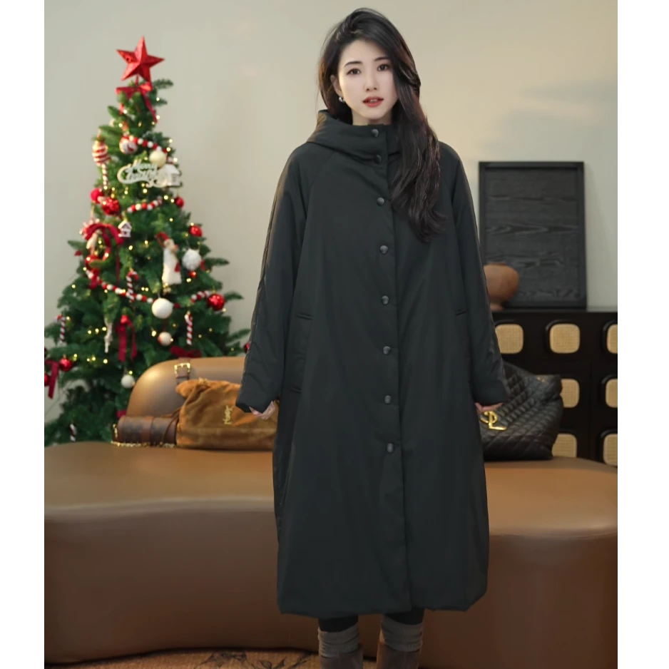 小乖逃长款黑色棉服连帽大衣外套羽绒ET绒帽斜双口袋百搭款251030