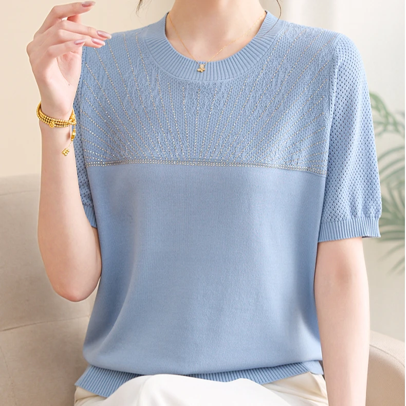 【清货】冰丝短袖女妈妈夏季新款显瘦洋气上衣大码镂空薄款针织衫