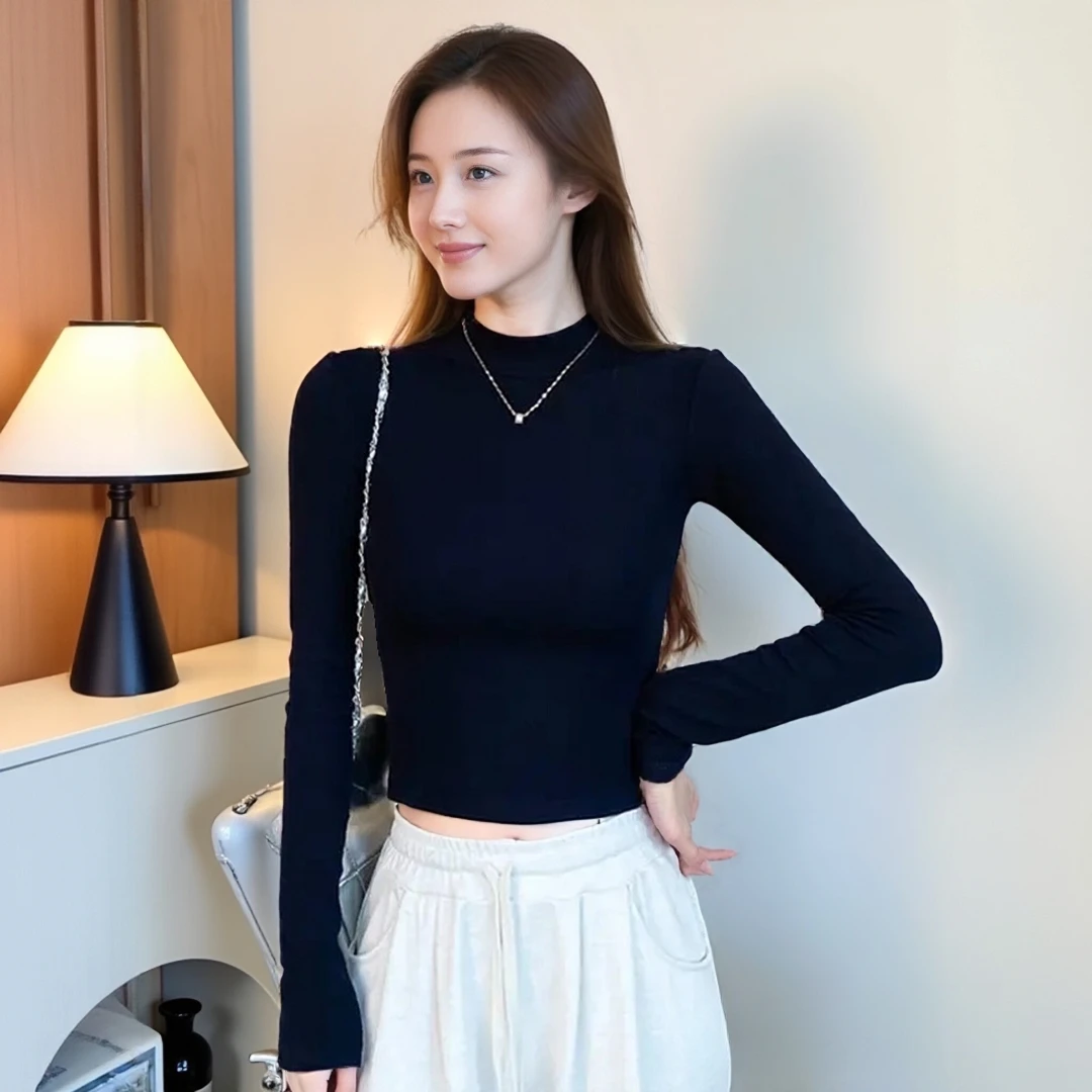 秋冬黑色双面绒半高领加绒加厚打底衫长袖女显瘦修身短款洋气上衣