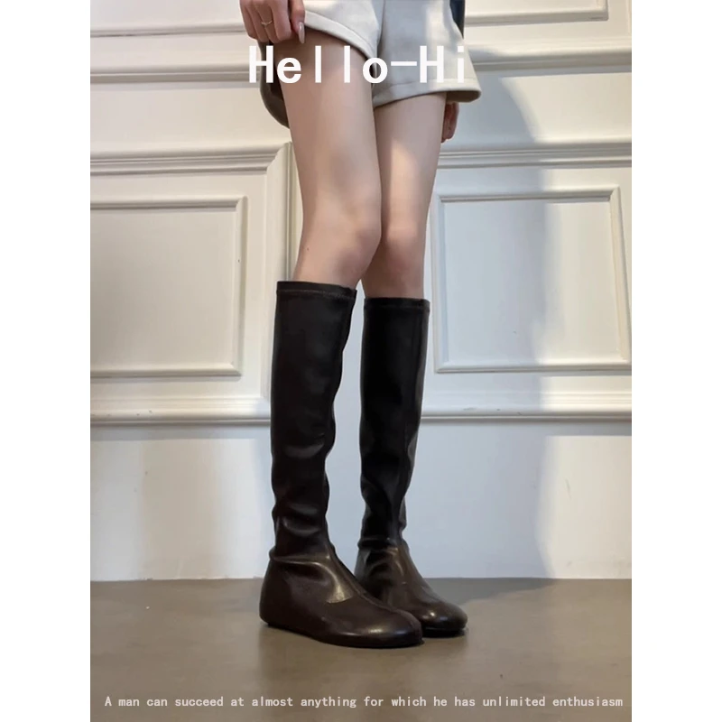 牛皮版~长筒靴女复古简约后拉链弹力瘦瘦靴内增高圆头显瘦时装靴