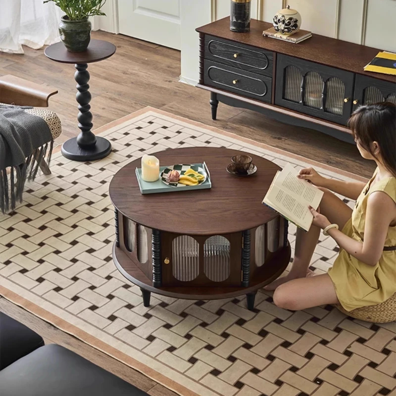 法式中古风红橡木实木圆形茶桌客厅家用复古可拉边几达尔茶几组合